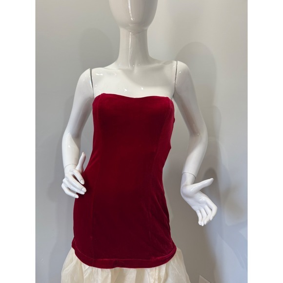 Commense Semi-Sheer‎  Velvet Strapless Red Corset Tulle Dress Formal Party Prom - Picture 3 of 8